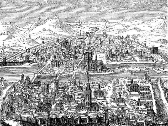 Perspective view of Paris in 1607 from a copperplate by Leonard Gaultier; Wikimedia commons